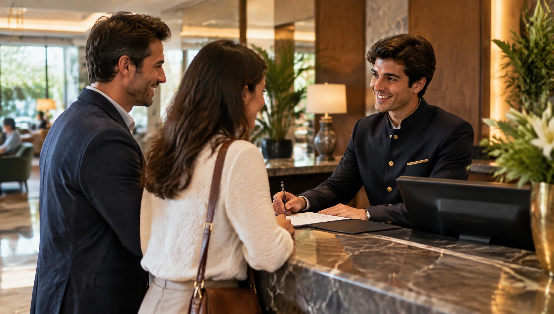 Recepción de hotel con equipo en recepción — imagen ilustrativa
